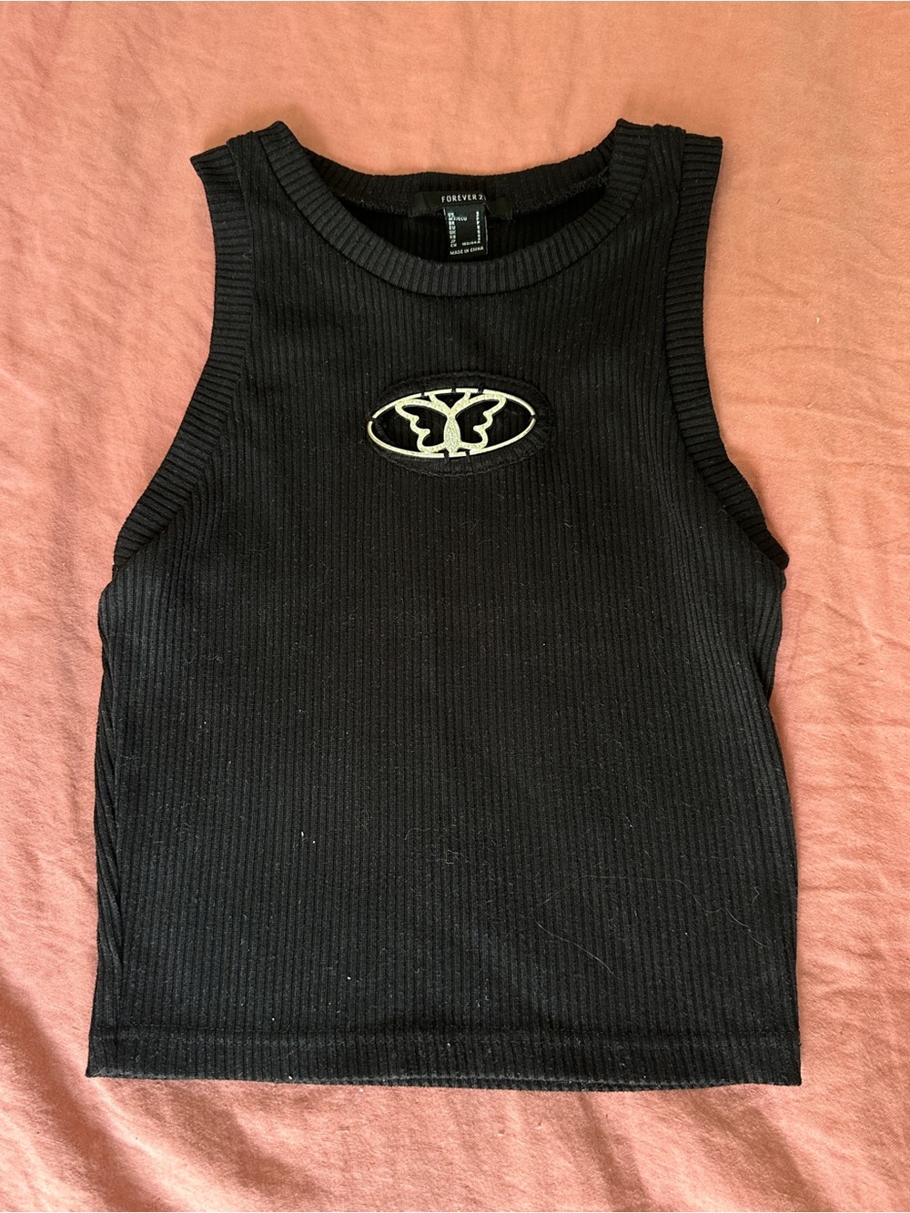 FOREVER 21 Black Ribbed Sleeveless Tank with Metal Butterfly Cut Out